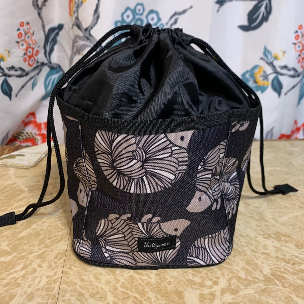 Thirty-One Hedgehog Drawstring Pouch OS Black Gray Utility Bucket Bag Cottage